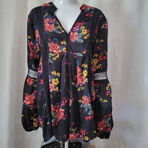 Signature Studio Blouse Peasant Large Black Red Roses Crochet Balloon Flowy Chic